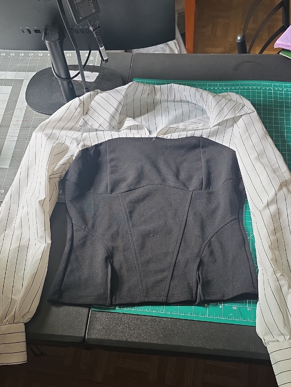 Black Bustier Top with White Pinstripe Long Sleeves